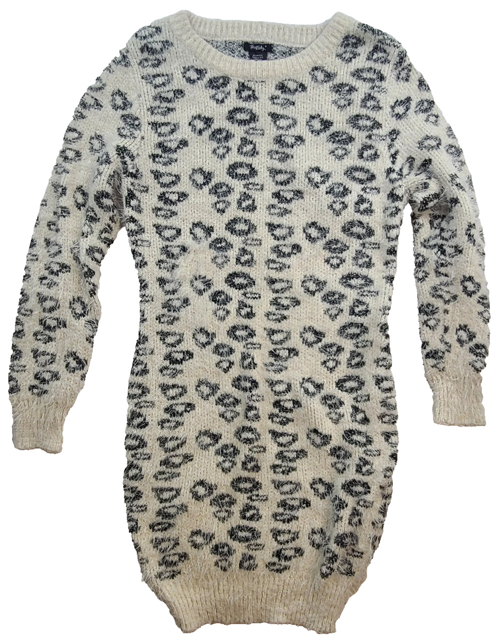 Almost Famous Sweater Dress Women’s L Ivory Black Leopard Fuzzy Long Sleeve 30"